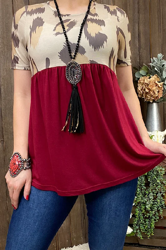 GJQ9795 Leopard printed/burgundy baby doll short sleeve blouse Elegant Semi-Sheer Blouse