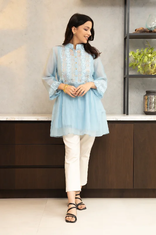 Powder Blue Chanderi Shirt, With Gold Striped Tissue Side Yokes.-- Casual Formal Business