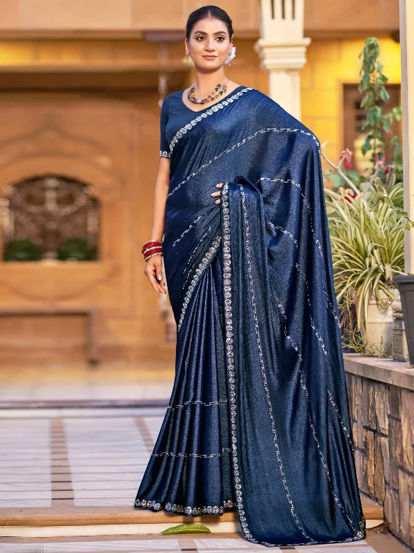 Jyoti Fashion Women's Navy Blue Shimmer Chiffon Embellished Border with Crystal Lines Saree with Blouse Modern Work Blouse Jyoti Fashion Women's Navy Blue Shimmer Chiffon Embellished Border with Crystal Lines Saree with Blouse Modern Work Blouse