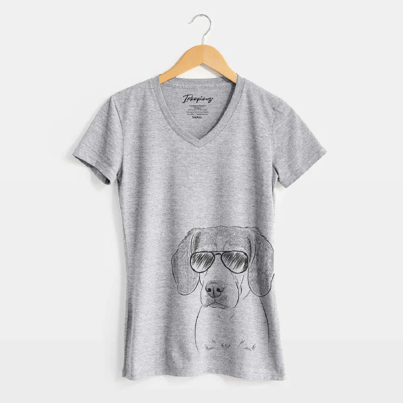 Aviator Bumbee the Beagle - Women's V-neck Shirt-- Faux Fur Fabric Real Fur Fabric Shearling Fabric