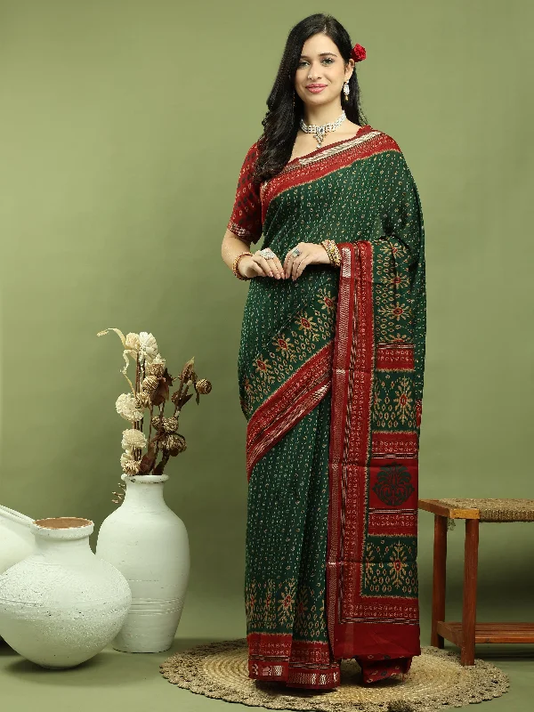 Jyoti Fashion Women's Green Silk Blend Ikat Floral Print with Jari Border Saree with Blouse Classic Minimalist Blouse Jyoti Fashion Women's Green Silk Blend Ikat Floral Print with Jari Border Saree with Blouse Classic Minimalist Blouse