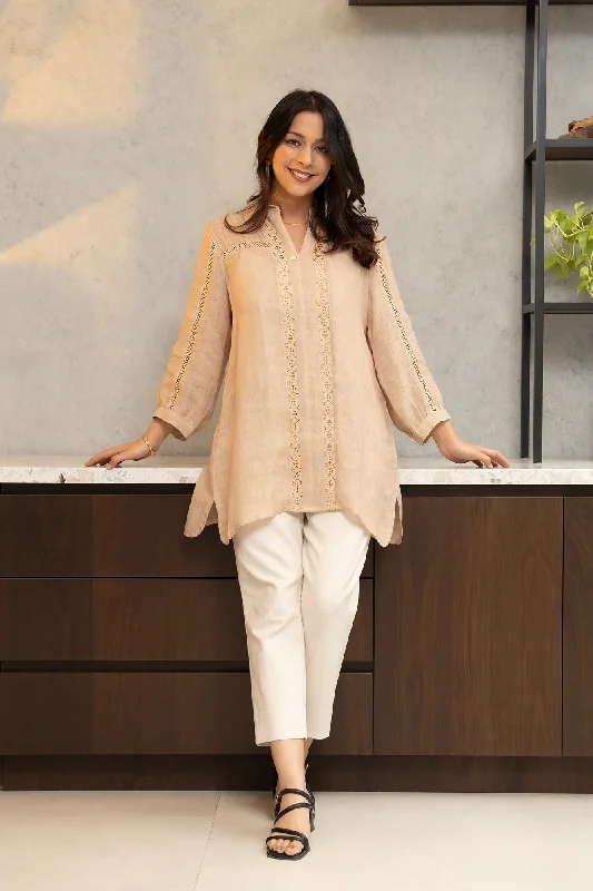 Beige Chanderi Shirt, With Gold Striped Tissue Side Yokes.-- Ribbed Striped Patterned Beige Chanderi Shirt, With Gold Striped Tissue Side Yokes.-- Ribbed Striped Patterned