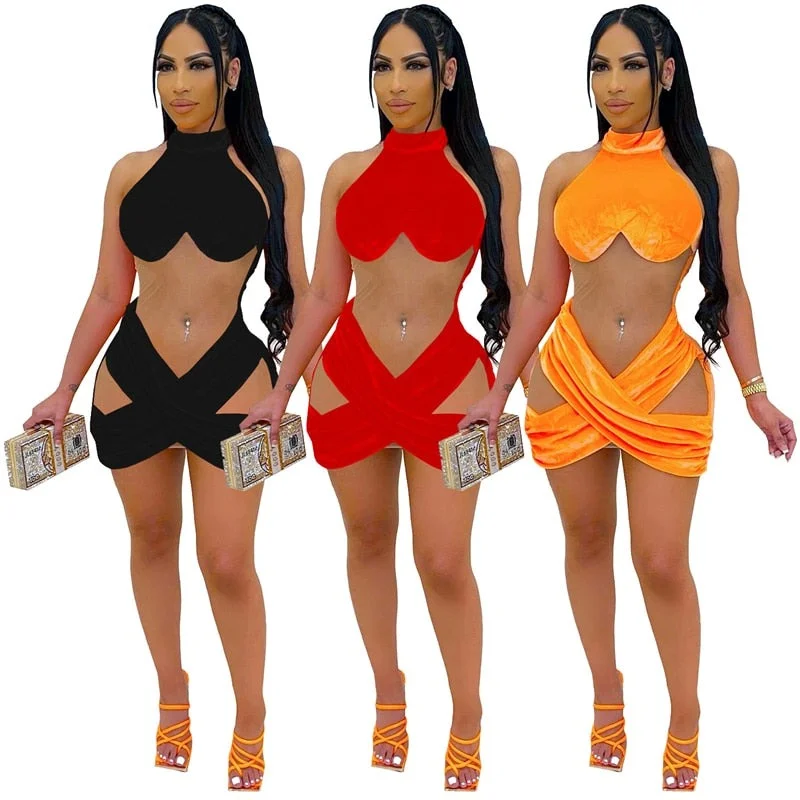 Adogirl Sexy Fashionable Sheer Mesh Patchwork Velvet Mini Dress Halter Sleeveless Cross Bodycon Comfortable Boho Mini Dress