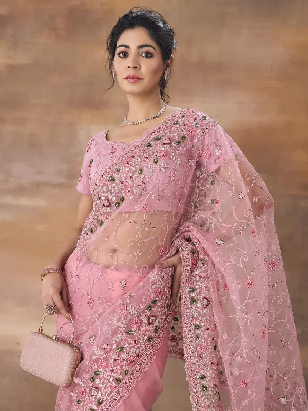 kasee Floral Embroidered Net Saree With Blouse Piece Feminine Pastel Blouse