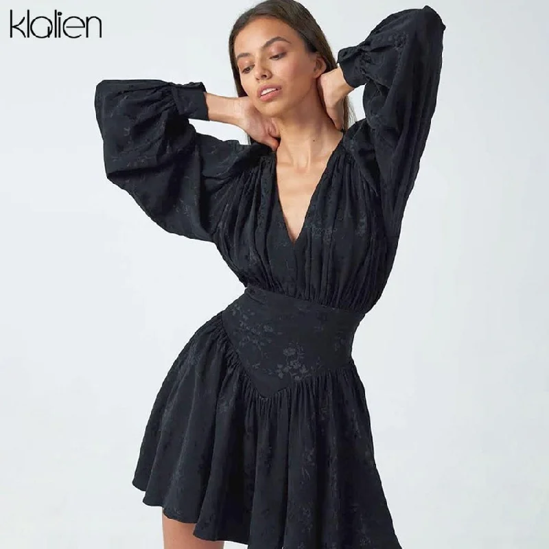 KLALIEN Fashion Black Chiffon Printing Elegant Loose Mini Dress New Women Lantern Full Sleeve Pleated Slim Party Night Dresses Chic Pleated Mini Dress