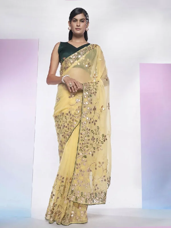 Cream Simmar Heavy Gotta Embroidery Work Saree with Unstitched Blouse - Vandini Ruched Sleeve Blouse Cream Simmar Heavy Gotta Embroidery Work Saree with Unstitched Blouse - Vandini Ruched Sleeve Blouse
