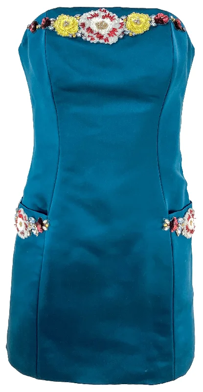Miss Sohee Exclusive Embroidered Silk Mini Dress in Teal Classic Floral Mini Dress