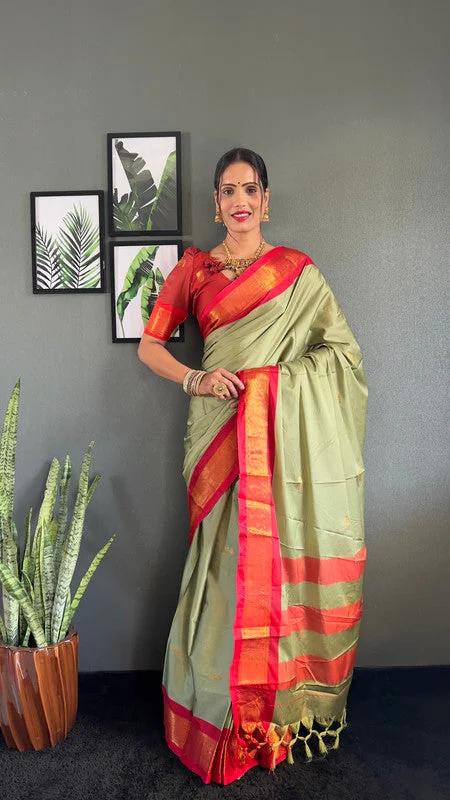 Malishka Export Cotton Silk Woven Ready To Wear Saree With Blouse Piece - Pista Pastel Color Blouse Malishka Export Cotton Silk Woven Ready To Wear Saree With Blouse Piece - Pista Pastel Color Blouse