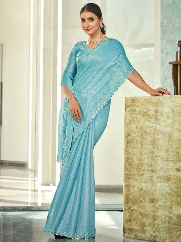 Jyoti Fashion Women's Sky Blue Silk Blend Embellished Border with Beads & Crystal Cutwork Saree with Blouse Stretchy Fitted Blouse Jyoti Fashion Women's Sky Blue Silk Blend Embellished Border with Beads & Crystal Cutwork Saree with Blouse Stretchy Fitted Blouse