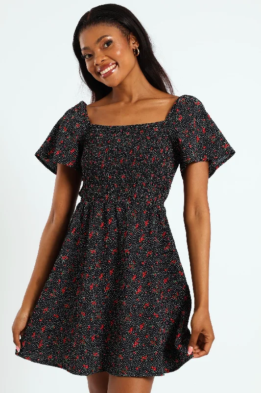 Floral Smock Mini Dress - Black Casual V-Neck Mini Dress
