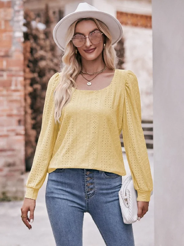 Eyelet Square Neck Puff Sleeve Blouse Silky Draped Blouse