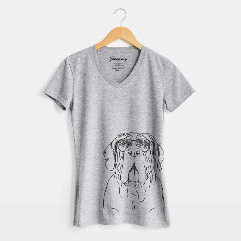 Aviator Dinah the Neapolitan Mastiff - Women's V-neck Shirt-- Mesh Blend Leather Blend Suede Blend Aviator Dinah the Neapolitan Mastiff - Women's V-neck Shirt-- Mesh Blend Leather Blend Suede Blend