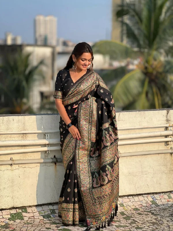 Black Pashmina Silk Wevon Kashmiri Meenakari Designer Saree with Unstitched Blouse - Vandini Asymmetric Hem Blouse