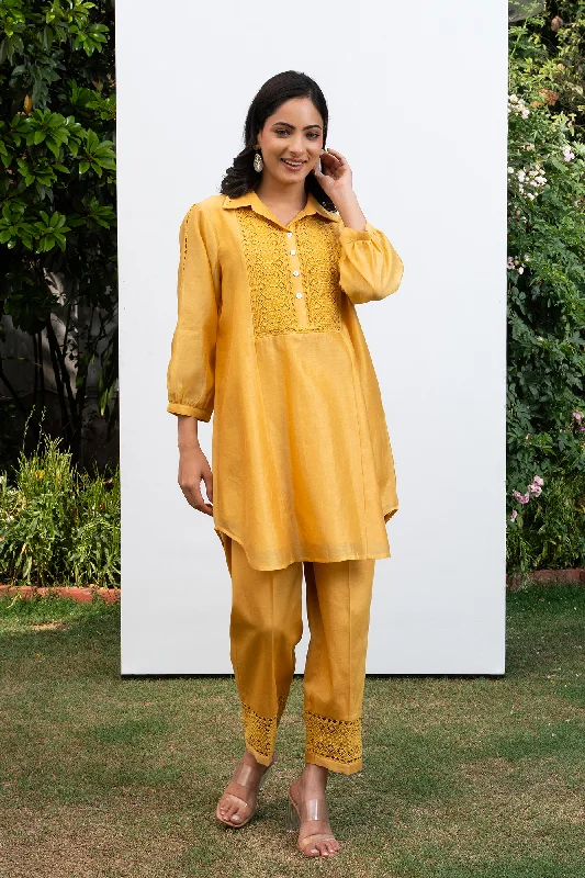 Yellow Collared Shirt Co-Ord Set -- Basic T-Shirt Crew Neck Short Sleeve
