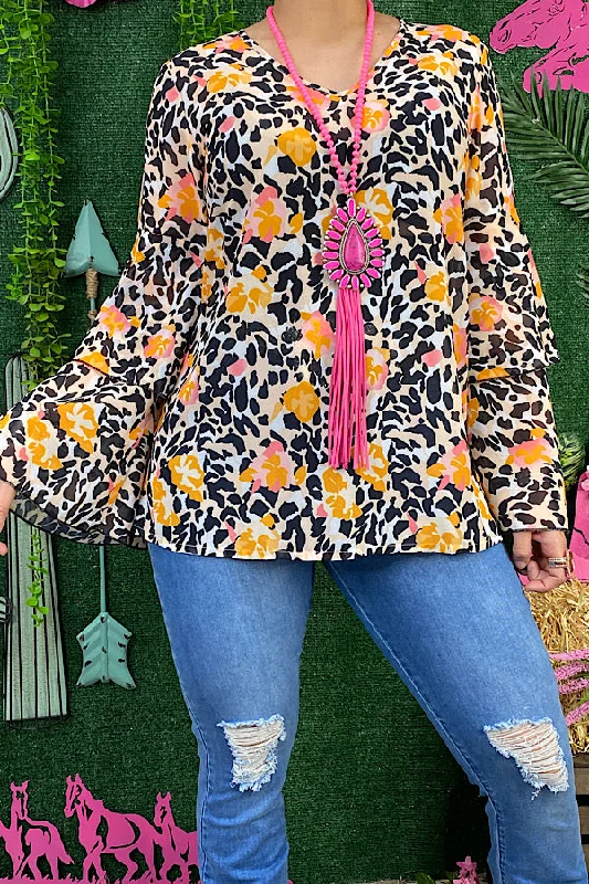 GJQ11926 Leopard & floral chiffon material bell sleeve blouse Feminine Pastel Blouse GJQ11926 Leopard & floral chiffon material bell sleeve blouse Feminine Pastel Blouse