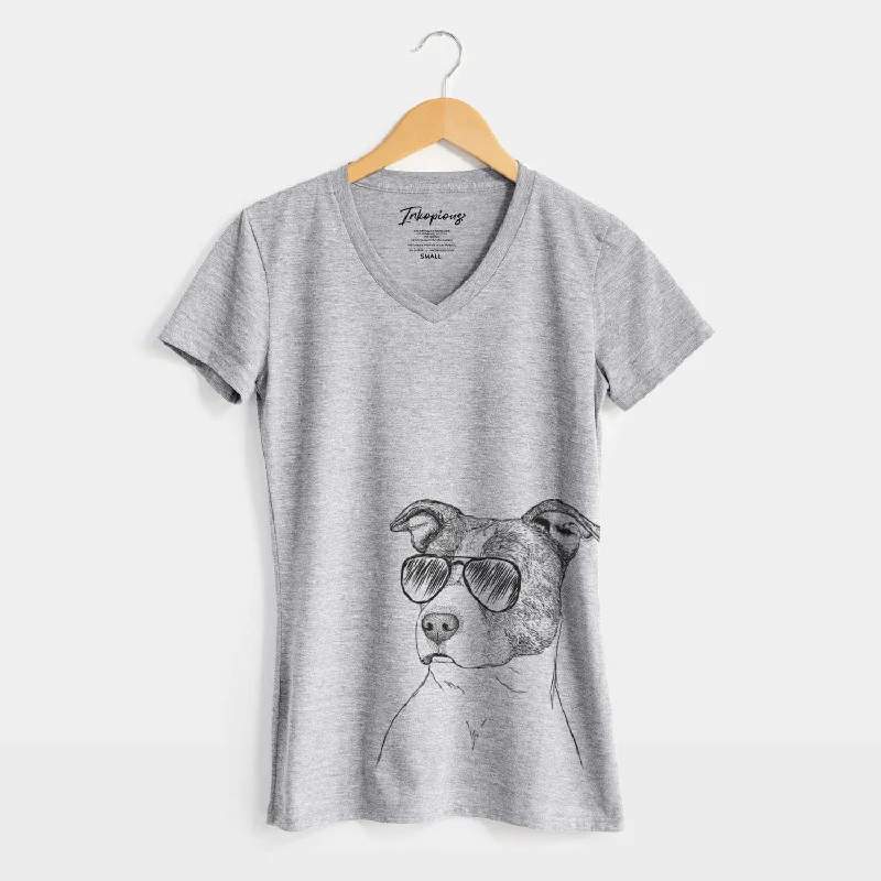 Aviator Blu the Pitbull - Women's V-neck Shirt-- Mesh Blend Leather Blend Suede Blend Aviator Blu the Pitbull - Women's V-neck Shirt-- Mesh Blend Leather Blend Suede Blend