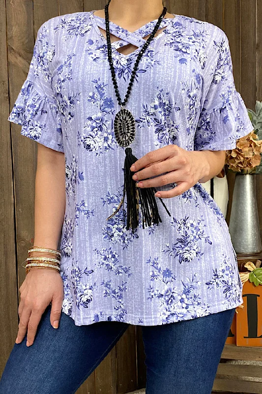 GJQ11074 Lavender floral printed blouse w/ criss cross neckline Sleeveless Chiffon Blouse GJQ11074 Lavender floral printed blouse w/ criss cross neckline Sleeveless Chiffon Blouse