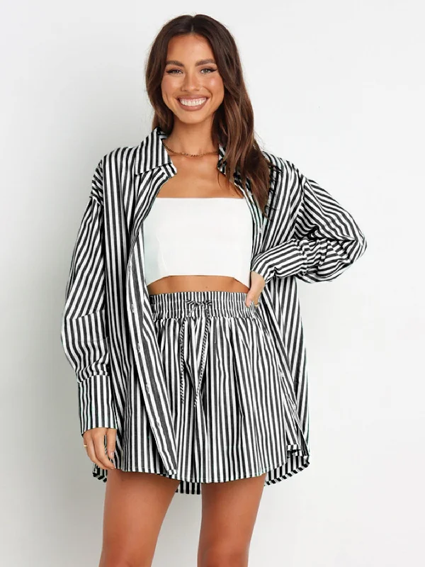 Larson Striped Dropped Shoulder Shirt and Shorts Set-- Layered Multi-layer Single Layer
