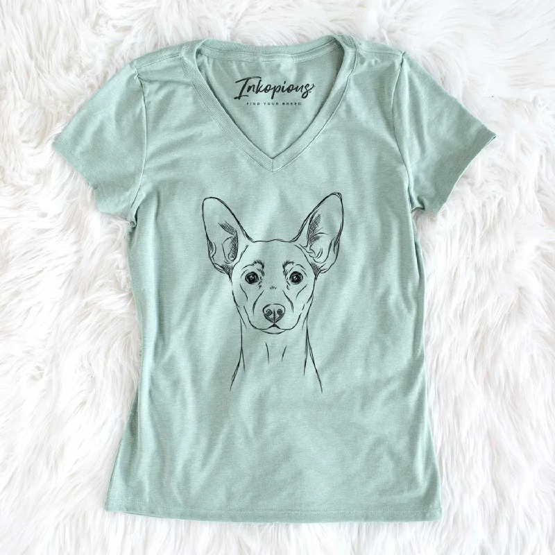 Bare Chillie the Mini Pinscher - Women's V-neck Shirt-- Chenille Fabric Brocade Fabric Lace Fabric