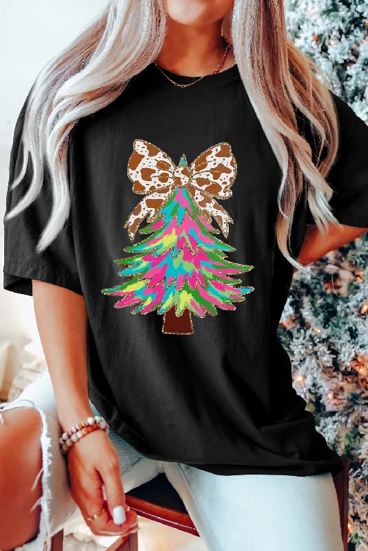 Black Heat Transfer Printing Christmas Tree Bowknot T-Shirt-- Faux Fur Fabric Real Fur Fabric Shearling Fabric Black Heat Transfer Printing Christmas Tree Bowknot T-Shirt-- Faux Fur Fabric Real Fur Fabric Shearling Fabric