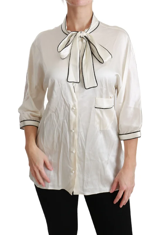 Dolce & Gabbana Elegant Beige Silk Blouse with Bow Women's Scarf Puff Sleeve Blouse