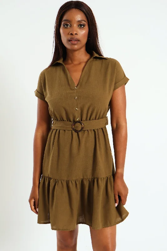 Button Through Tiered Belted Mini Dress Fashionable Pleated Mini Dress