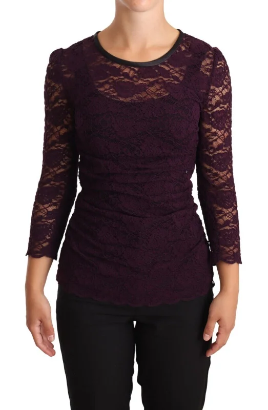 Dolce & Gabbana Elegant Sheer Lace Long Sleeve Women's Blouse Ruffled Neck Blouse