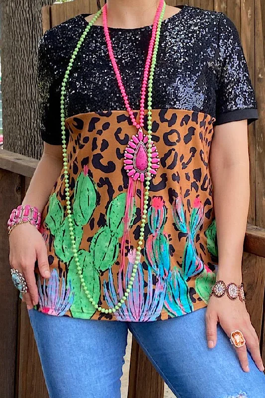 XCH13094 Black sequin blouse w/cactus leopard print Short Sleeve Blouse