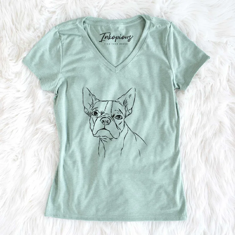 Bare Charles the Boston Terrier - Women's V-neck Shirt-- Plaid T-Shirt Polka Dot Checkered