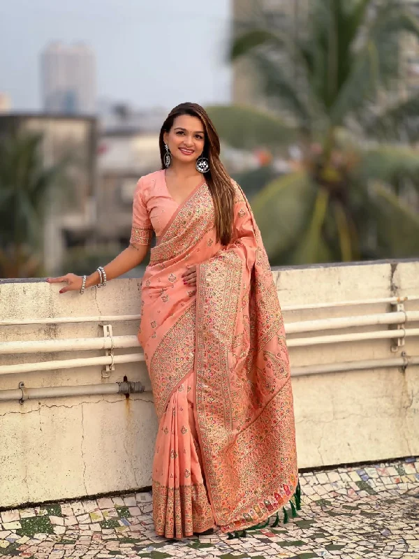 Peach Pashmina Silk Wevon Kashmiri Meenakari Designer Saree with Unstitched Blouse - Vandini Romantic Lace Blouse Peach Pashmina Silk Wevon Kashmiri Meenakari Designer Saree with Unstitched Blouse - Vandini Romantic Lace Blouse