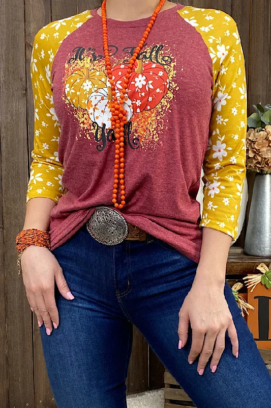 DLH9806 It's fall yall pumpkin printed 3/4 sleeve blouse Business Casual Blouse