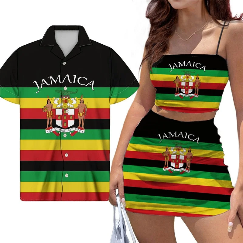 Jamaica Flag Print Women Sexy Halter Top Mini Dress Couple Clothes For Club Party Loose Men Shirt Match Girls Bodycon Skirt Set Comfortable Fit-and-Flare Mini Dress