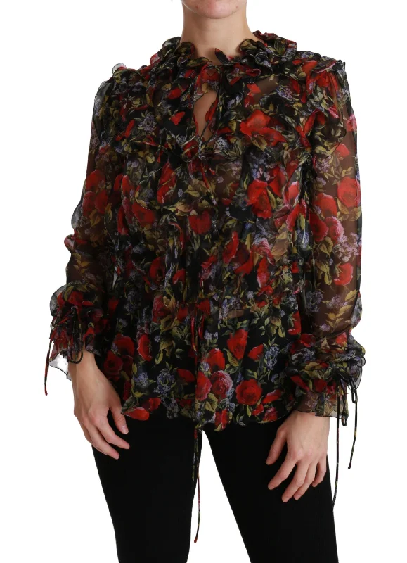 Dolce & Gabbana Elegant Floral Silk Long Sleeve Women's Blouse Drape Neck Blouse