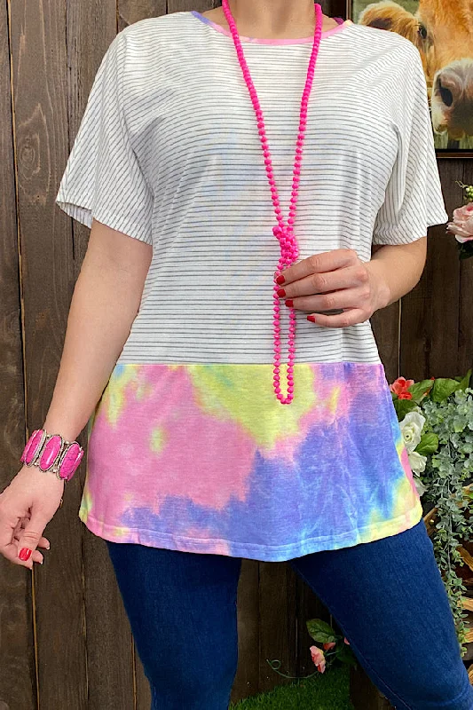 BQ10881 Striped/multi color tie dye short sleeve blouse Modern Work Blouse