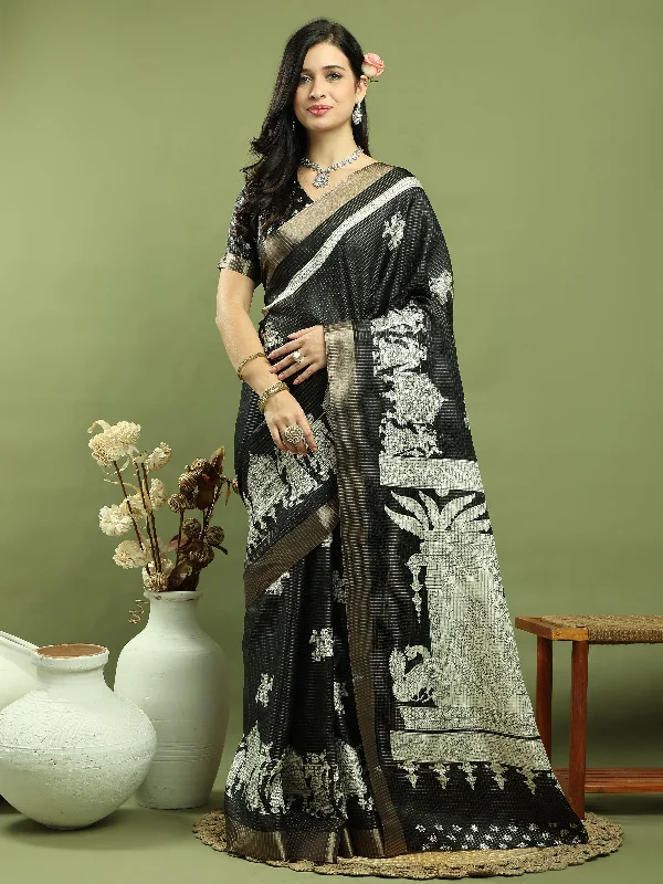 Jyoti Fashion Women's Black Silk Blend Print with Checks Jari Weaving Pattrn Saree with Blouse Versatile Layering Blouse Jyoti Fashion Women's Black Silk Blend Print with Checks Jari Weaving Pattrn Saree with Blouse Versatile Layering Blouse