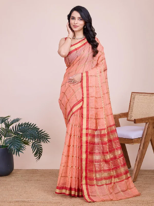 Mitera Checked Zari Saree With Unstitched Blouse Elegant Semi-Sheer Blouse