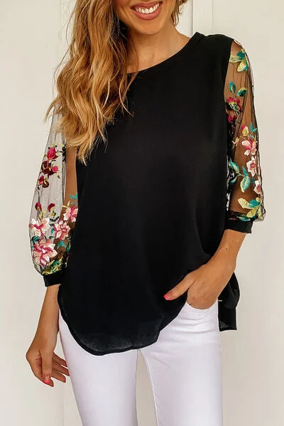 Ginny Embroidered Round Neck Three-Quarter Sleeve T-Shirt-- Chenille Blend Fleece Blend Nylon Blend