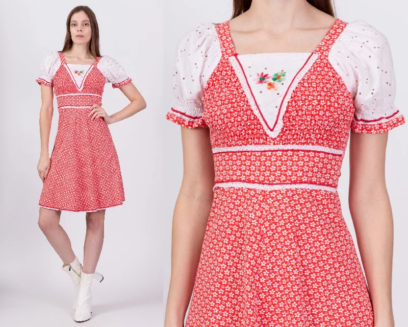 70s Red & White Floral Puff Sleeve Mini Dress - Extra Small Comfortable Off-Shoulder Mini Dress 70s Red & White Floral Puff Sleeve Mini Dress - Extra Small Comfortable Off-Shoulder Mini Dress