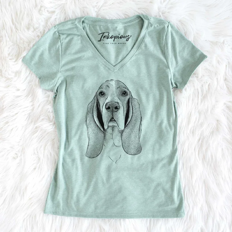Bare Buckley the Basset Hound - Women's V-neck Shirt-- Spandex Blend Rayon Blend Denim Blend