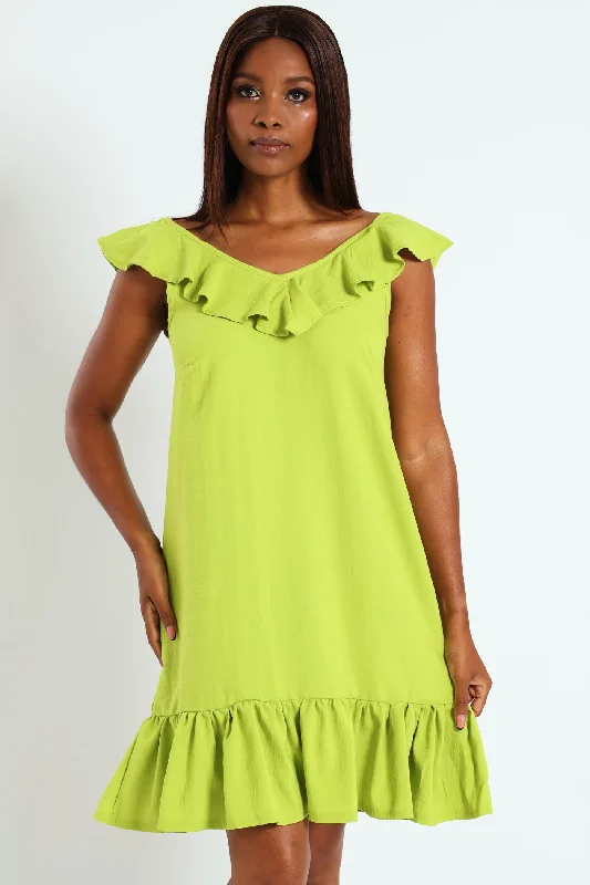 V-Neck Frill Hem Mini Dress - Lime Trendy A-Line Mini Dress