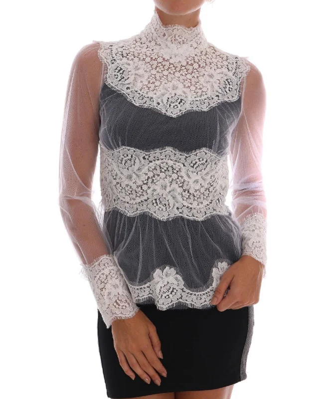 Dolce & Gabbana Floral Lace Mock Neck Blouse Lightweight Linen Blouse