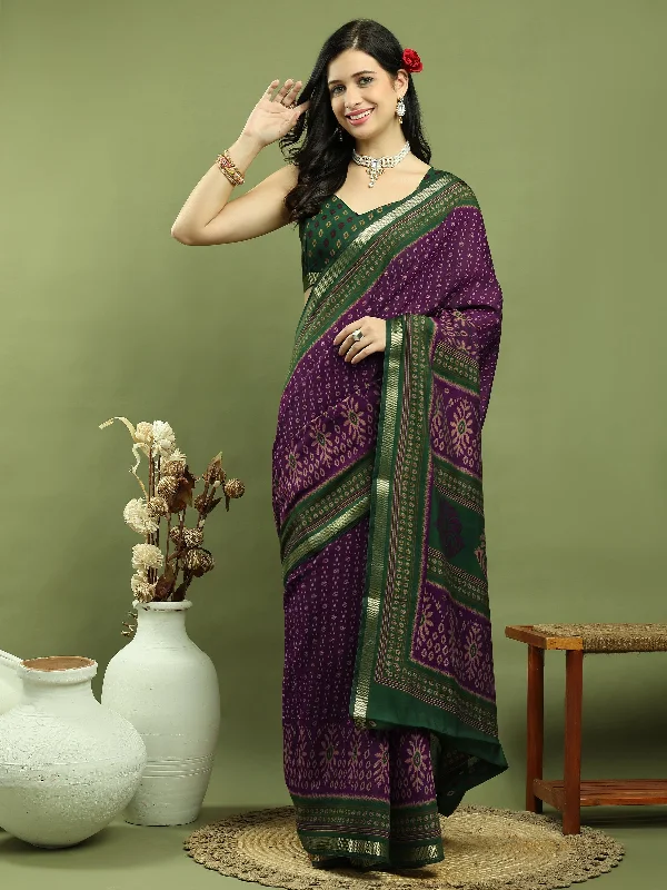 Jyoti Fashion Women's Purple Silk Blend Ikat Floral Print with Jari Border Saree with Blouse Mandarin Collar Blouse Jyoti Fashion Women's Purple Silk Blend Ikat Floral Print with Jari Border Saree with Blouse Mandarin Collar Blouse