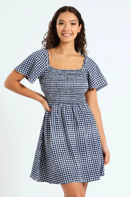 Gingham Smock Mini Dress - Cobalt Fashionable Polka Dot Mini Dress