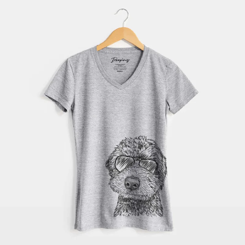 Aviator Bowser the Whoodle - Women's V-neck Shirt-- Mesh Canvas Denim