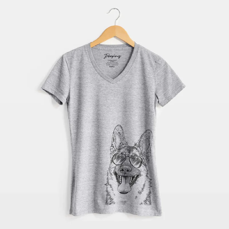 Aviator Benson the German Shepherd - Women's V-neck Shirt-- Denim Fabric Leather Fabric Suede Fabric Aviator Benson the German Shepherd - Women's V-neck Shirt-- Denim Fabric Leather Fabric Suede Fabric