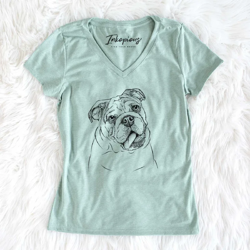 Bare Benson the English Bulldog - Women's V-neck Shirt-- Wool Fabric Cashmere Fabric Tweed Fabric Bare Benson the English Bulldog - Women's V-neck Shirt-- Wool Fabric Cashmere Fabric Tweed Fabric