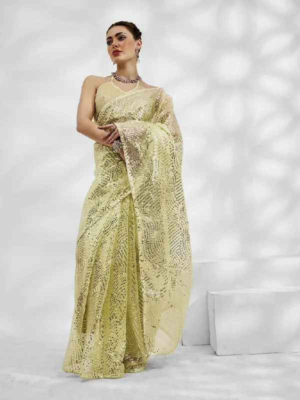 Light Green Net Organza Sequance,Thread Embroidery Work Saree with Unstitched Blouse - Vandini Feminine Pastel Blouse Light Green Net Organza Sequance,Thread Embroidery Work Saree with Unstitched Blouse - Vandini Feminine Pastel Blouse