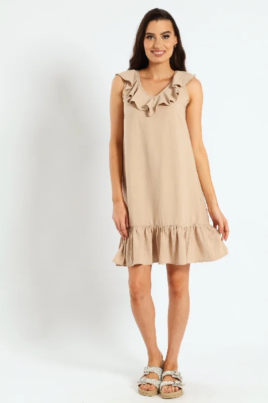V-Neck Frill Hem Mini Dress - Stone Cozy Ribbed Mini Dress