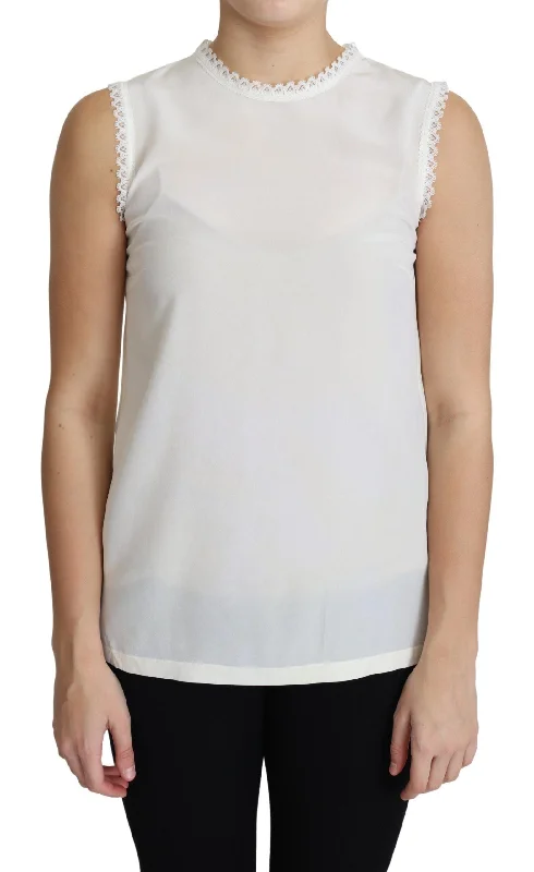 Dolce & Gabbana Elegant Silk Lace-Detailed Sleeveless Women's Blouse Subtle Shimmer Blouse Dolce & Gabbana Elegant Silk Lace-Detailed Sleeveless Women's Blouse Subtle Shimmer Blouse