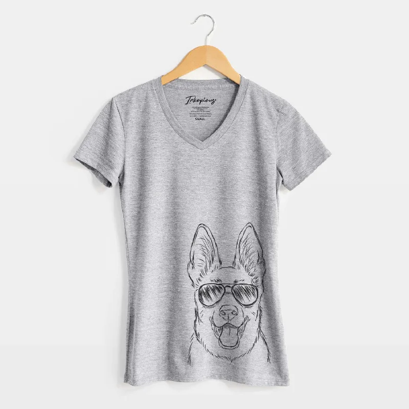 Aviator Brutus the German Shepherd - Women's V-neck Shirt-- Striped Floral Plaid